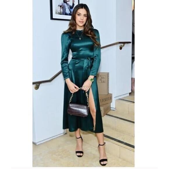 Reformation Sz 4 Julius Silk Satin Long Sleeve Midi Dress in Forest Green - Picture 2 of 15